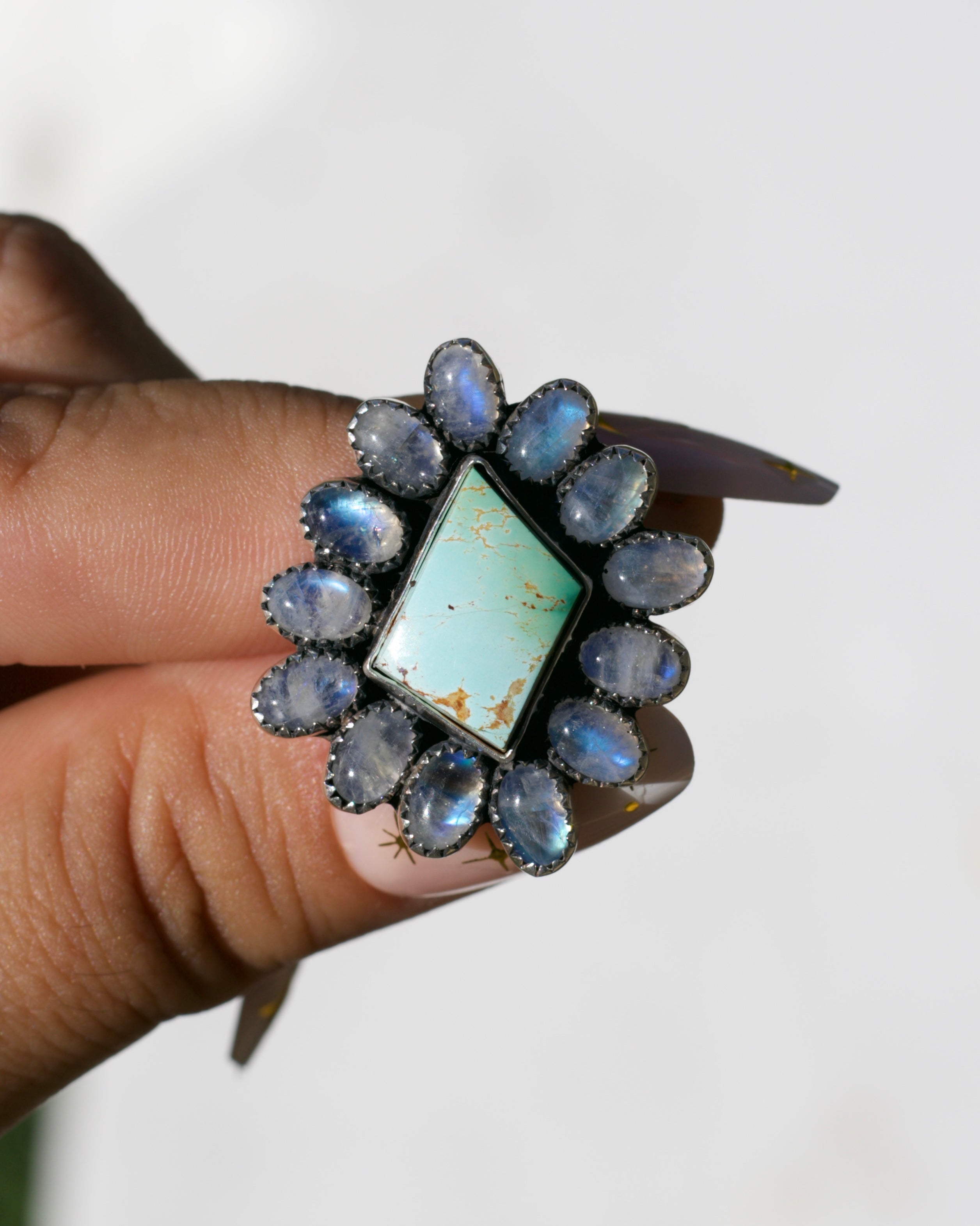 Moonlight Ring. Rainbow Moonstone and Pilot Mountain Turquoise. To be finished on your size