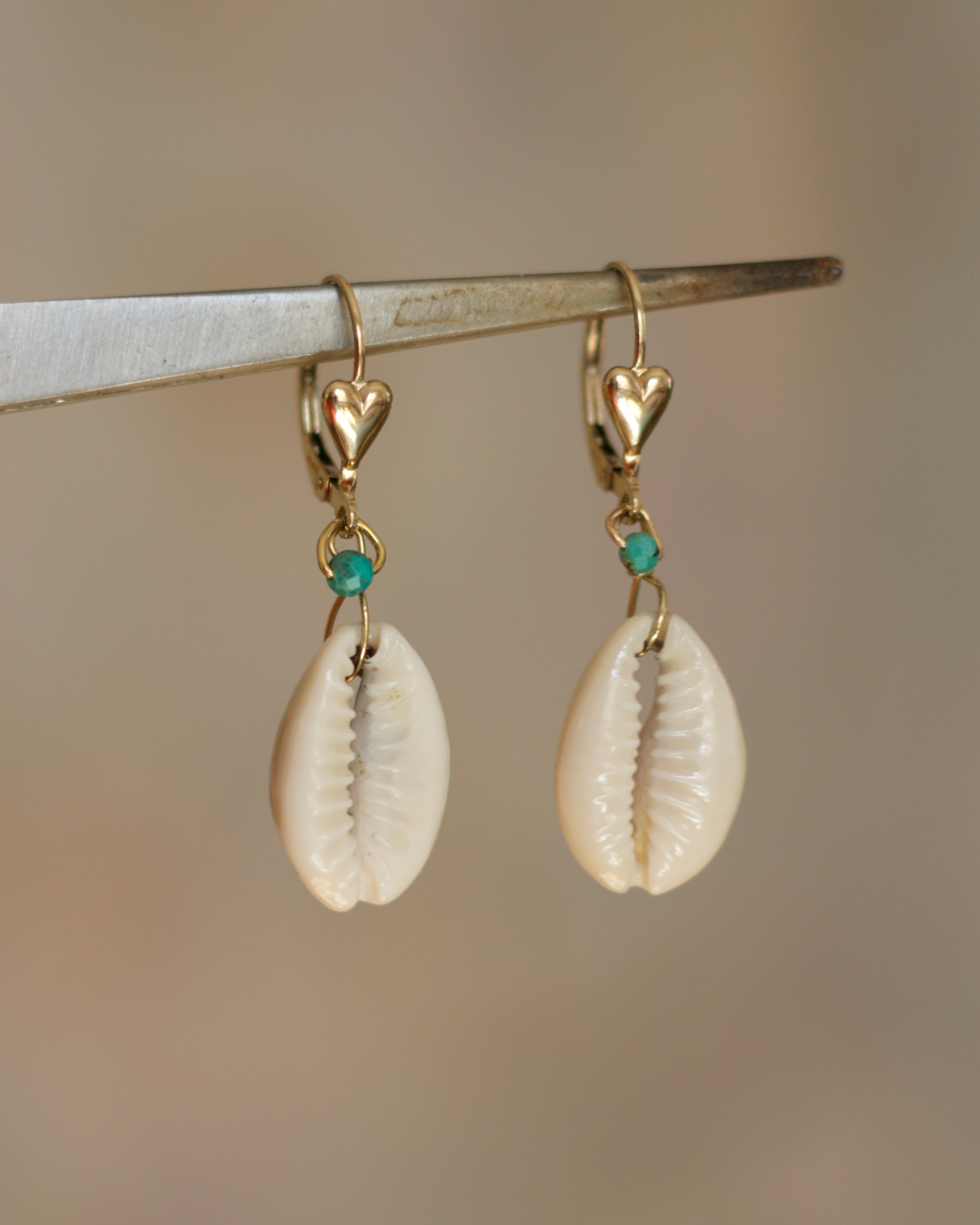 Gold Heart Lever-Back Earring with Cowrie Shell and Turquoise
