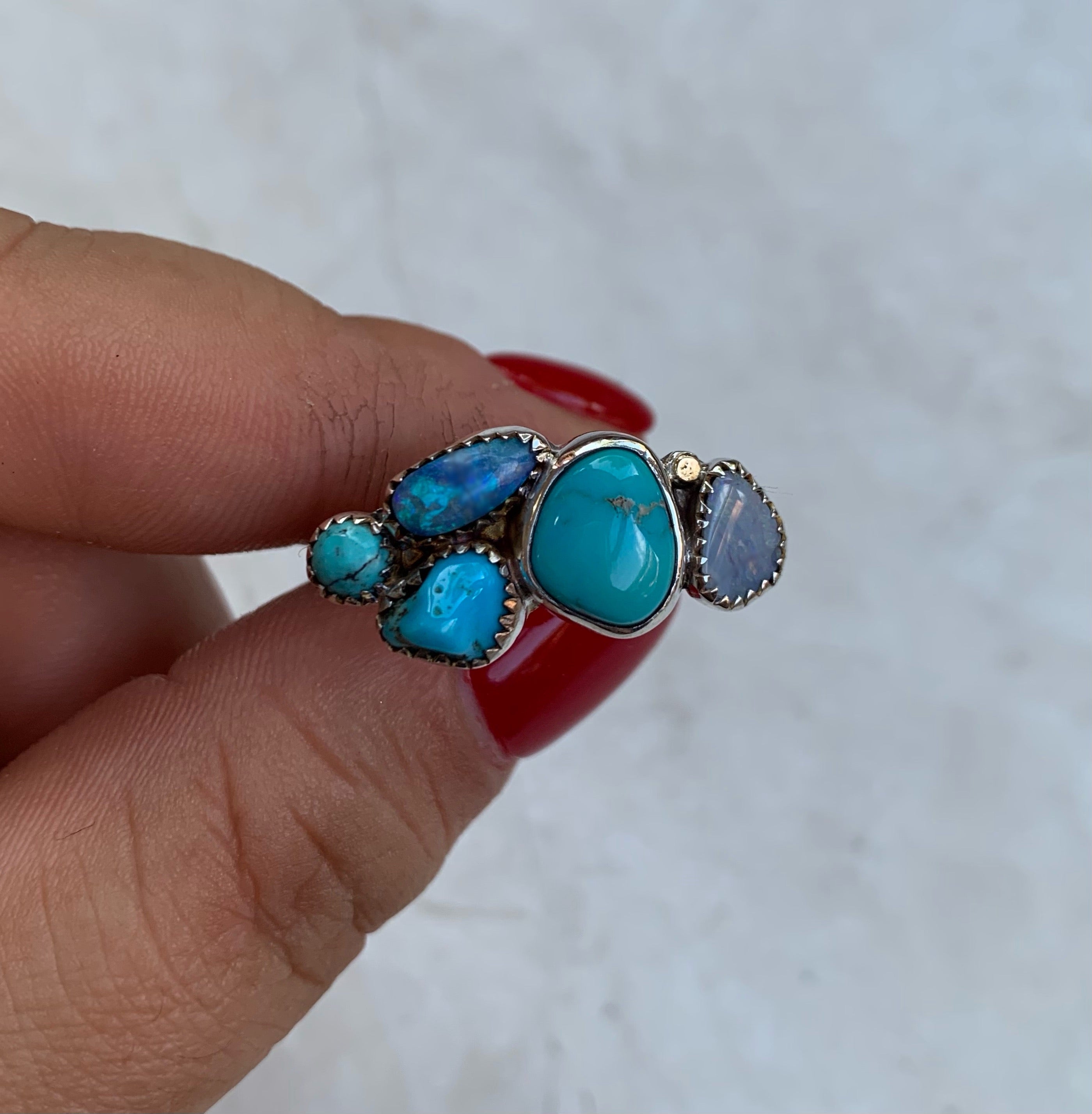 Opal and Turquoise Gold dot ring. Size 8.50