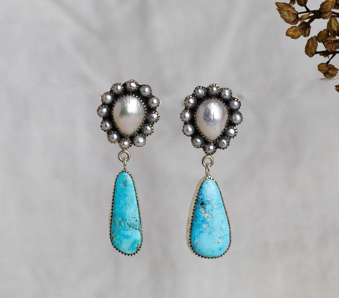 Fresh Water Pearl Cluster and Turquoise Drop earrings