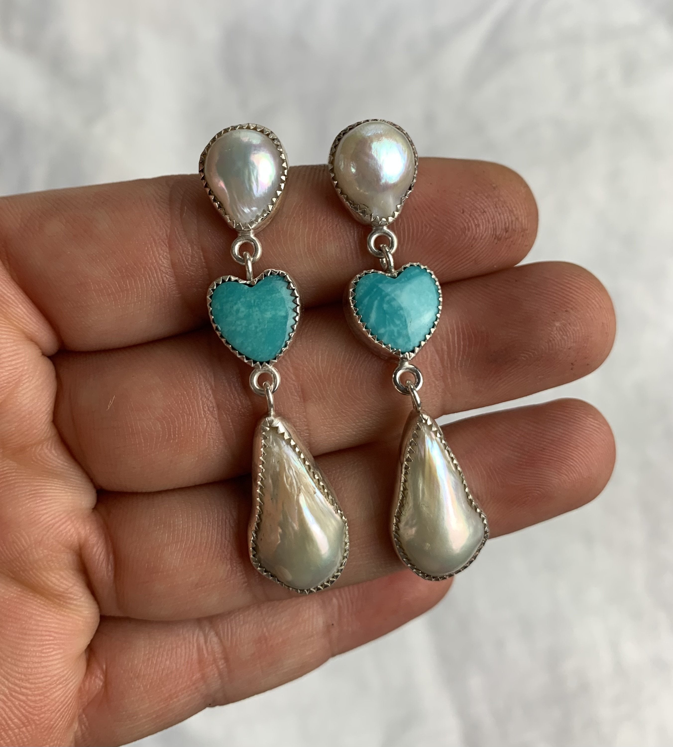 PRE-ORDER Fresh Water Pearl and Turquoise Heart Earrings