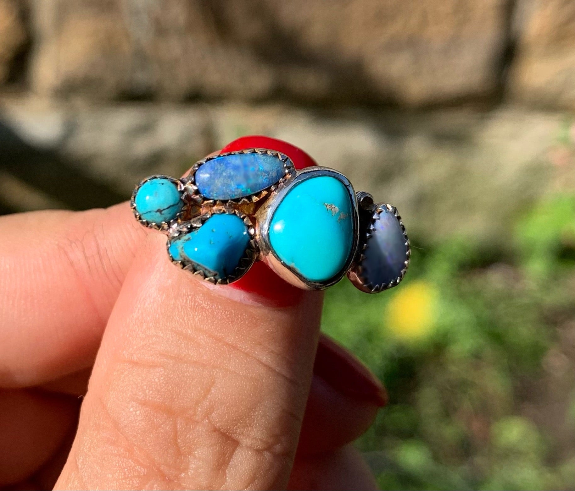 Opal and Turquoise Gold dot ring. Size 8.50