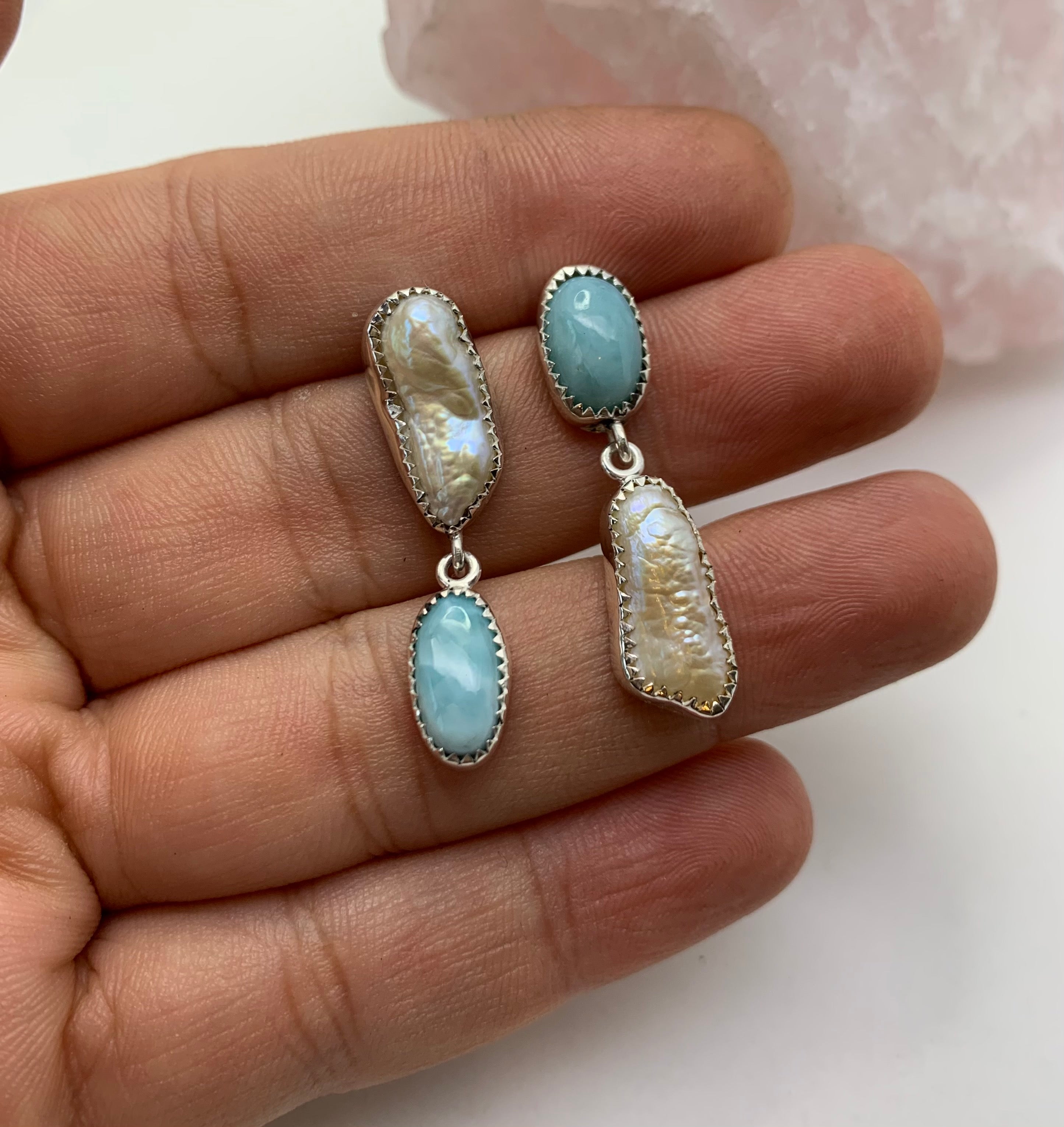 Mismatched Fresh water Pearls and Larimar Drop Earrings