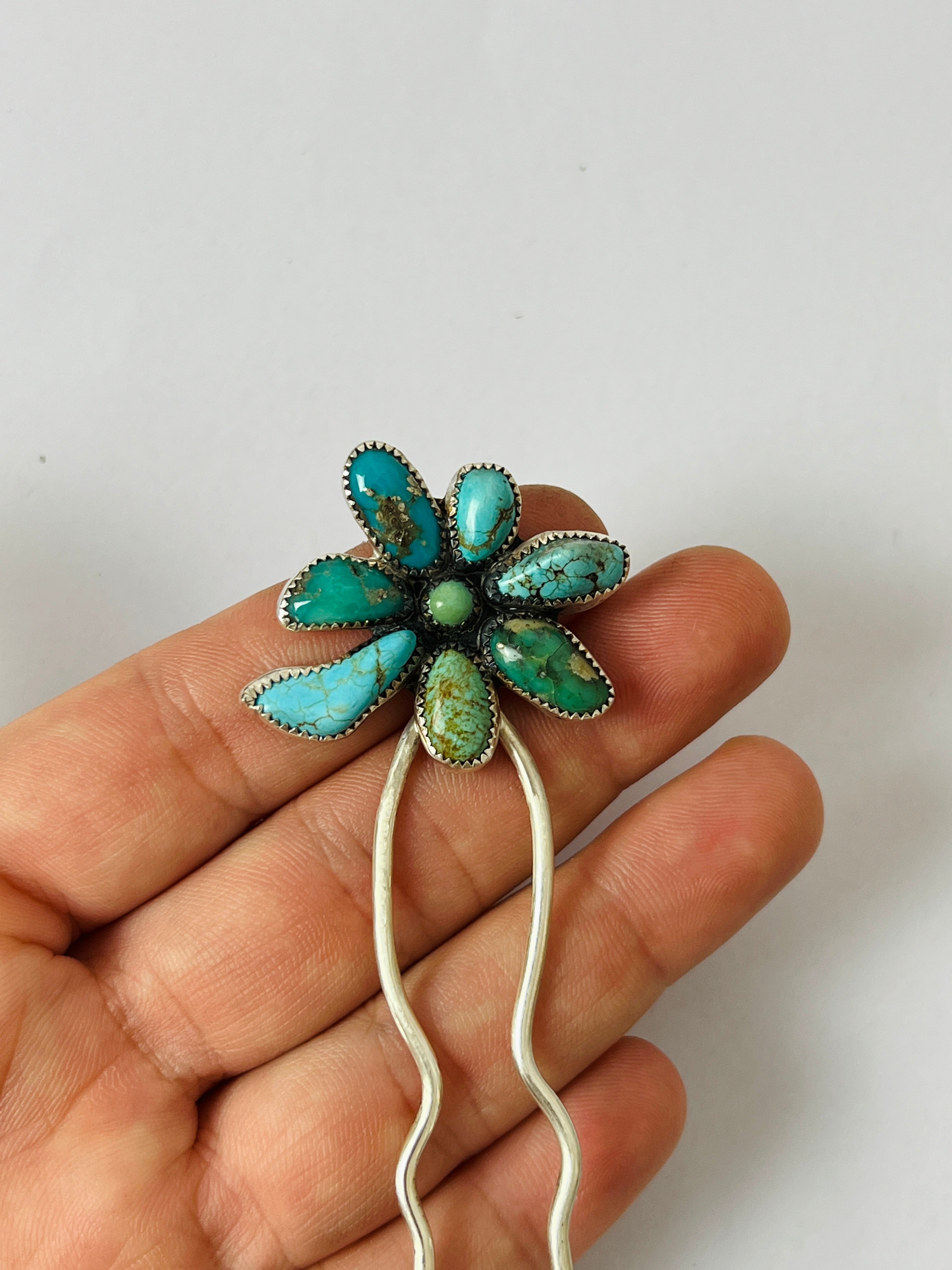 Flower Hair Pin - Turquoise- Medium