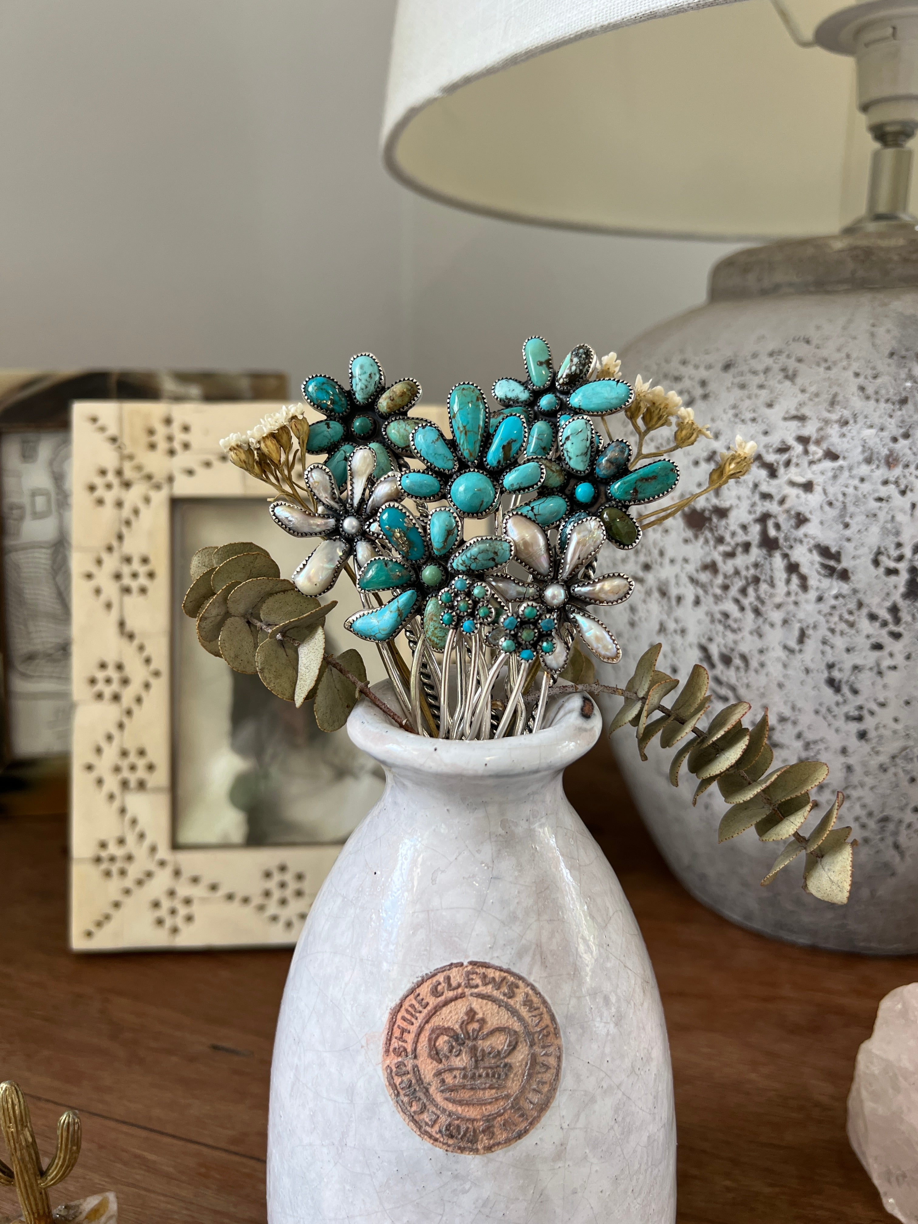 Turquoise Flower Hair Pin - With Brass Pin.