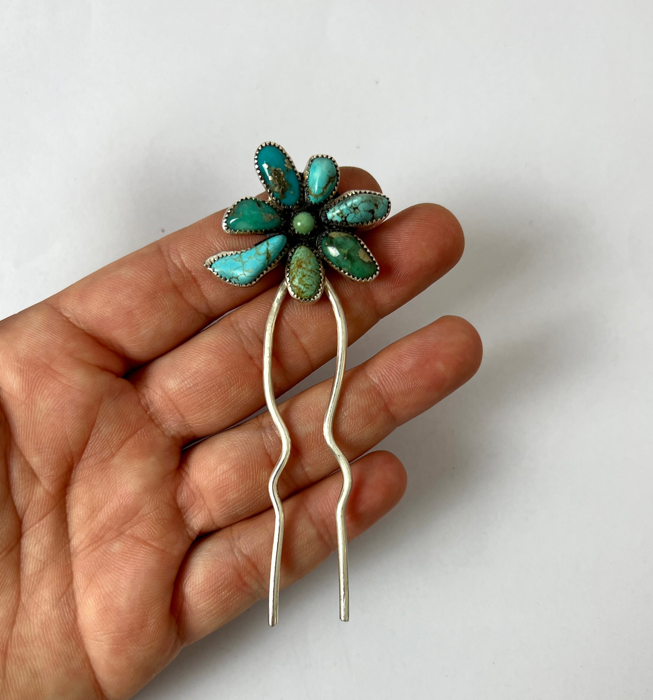 Flower Hair Pin - Turquoise- Medium