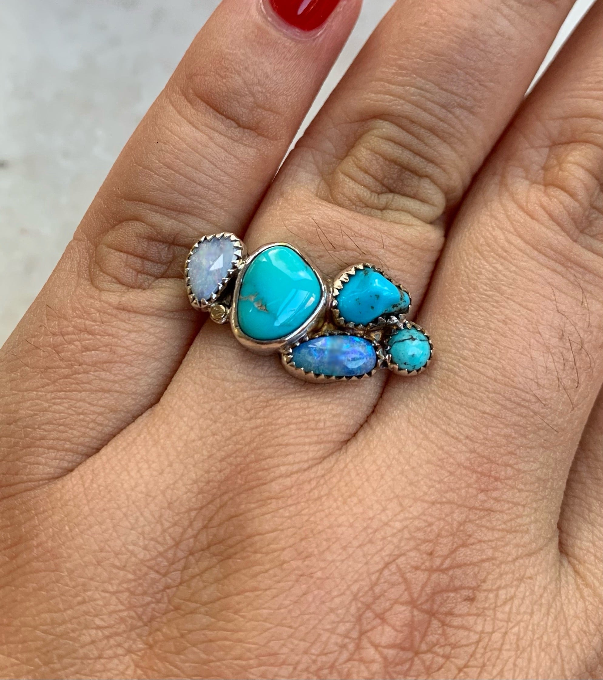 Opal and Turquoise Gold dot ring. Size 8.50