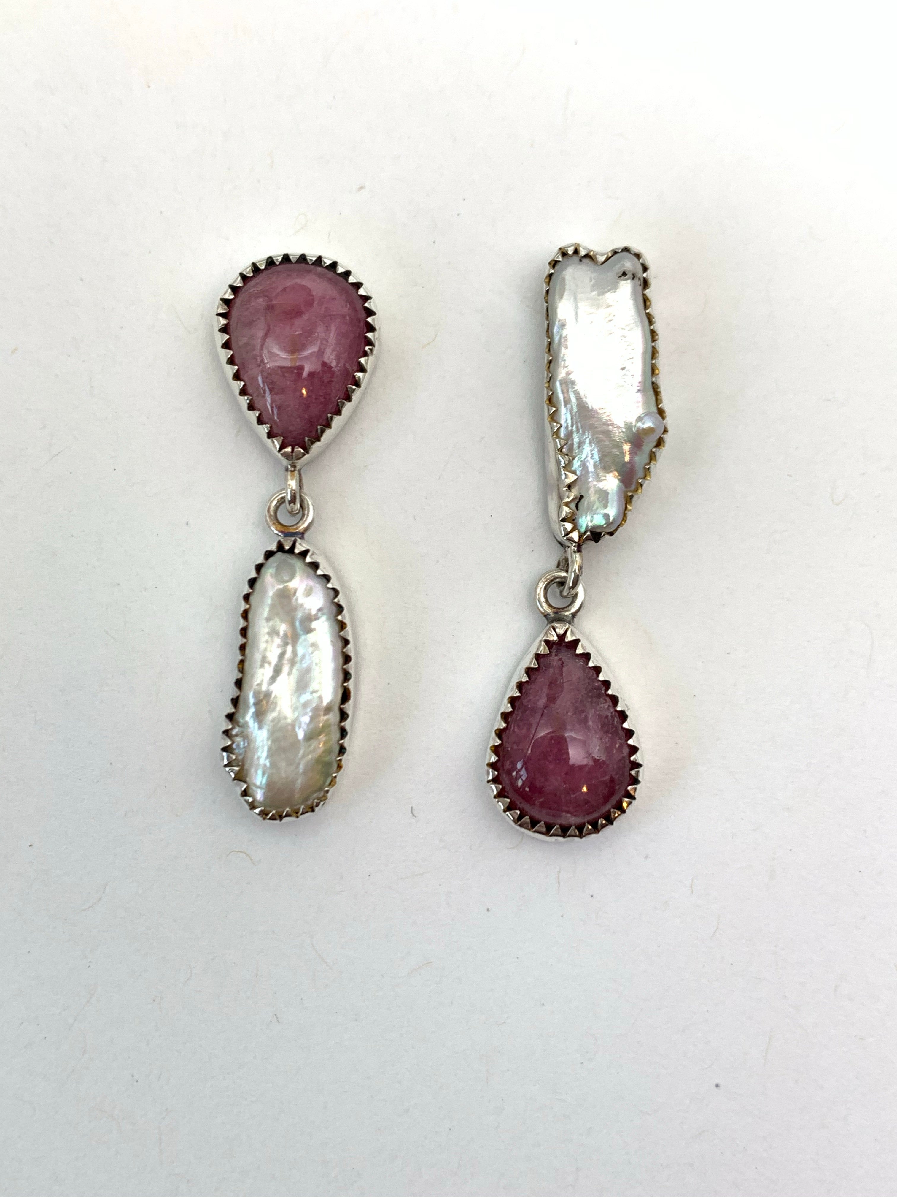 Mismatched Fresh water Pearls and Pink Tourmaline Earrings