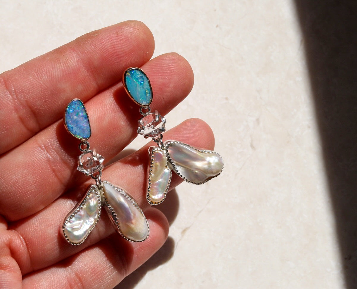 14k gold opal and sterling Herkimer and Fresh Water Pearl Earrings.