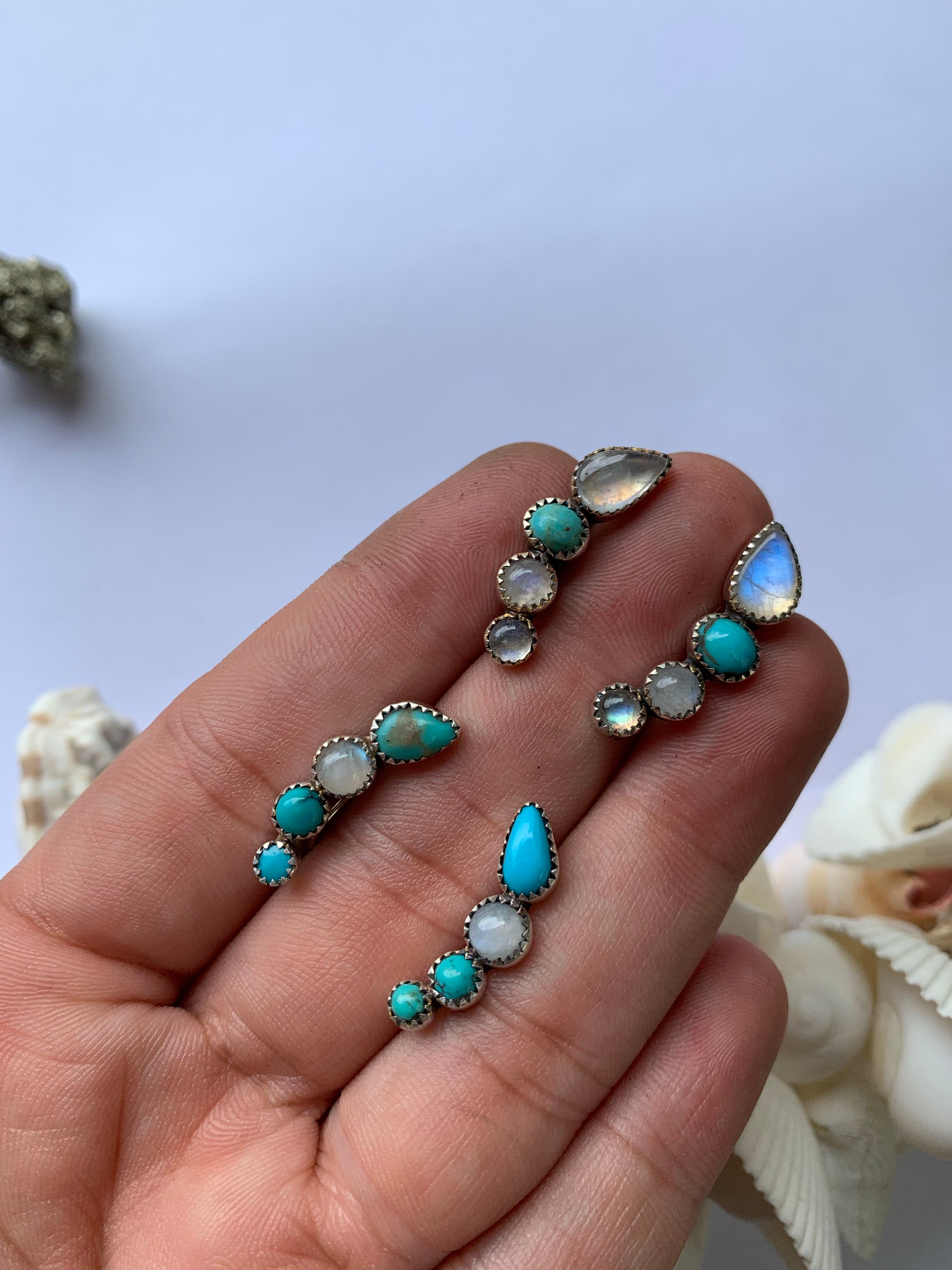 Sweet Turquoise and Moonstone Ear Climber Pair