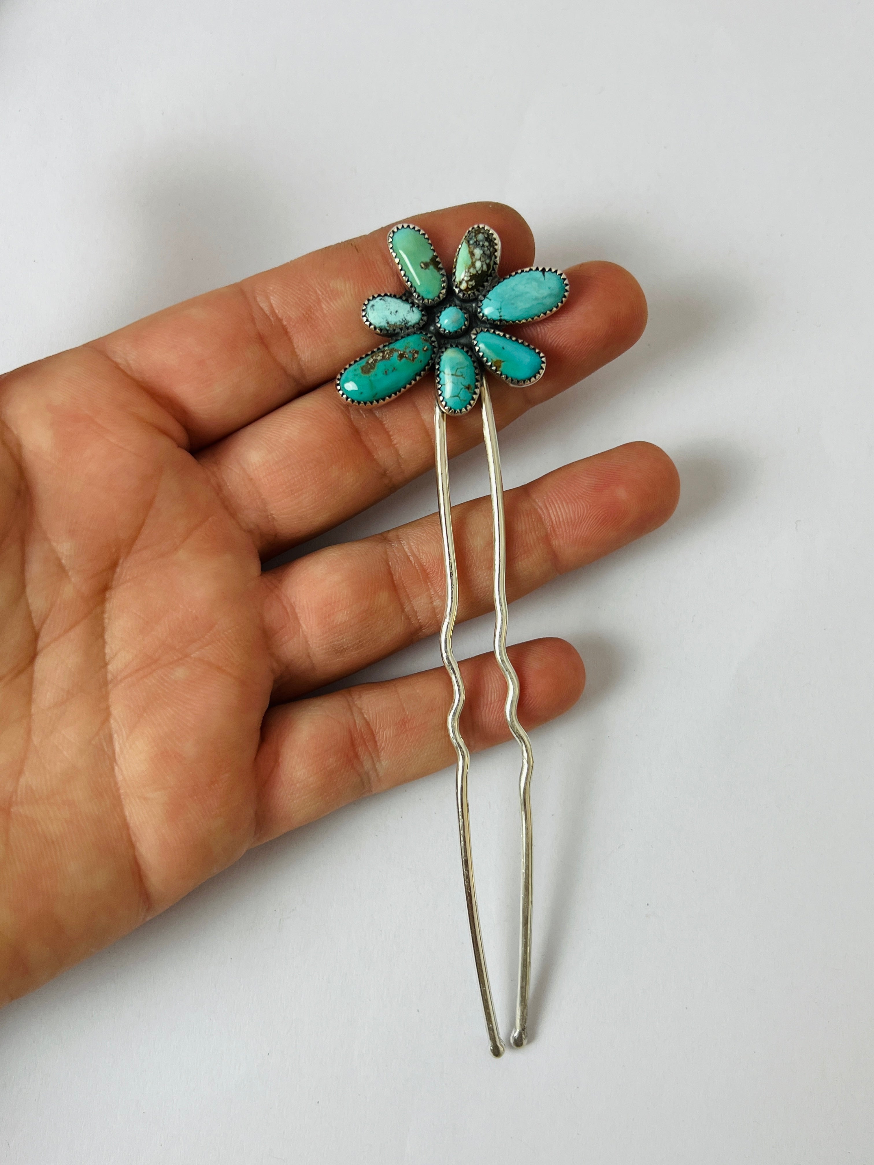 Turquoise Flower Hair Pin - With Brass Pin.