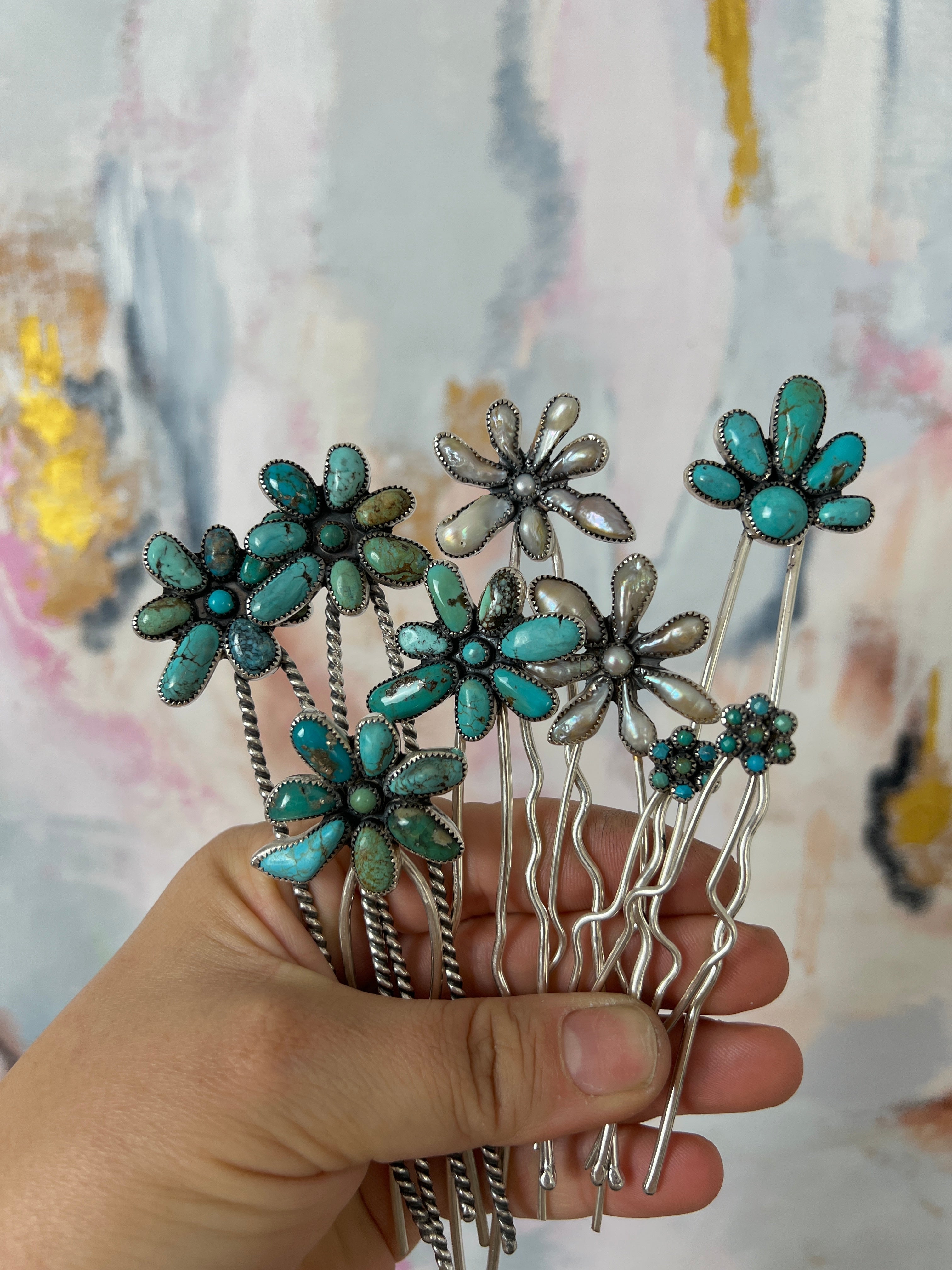 Turquoise Flower Hair Pin - With Brass Pin.