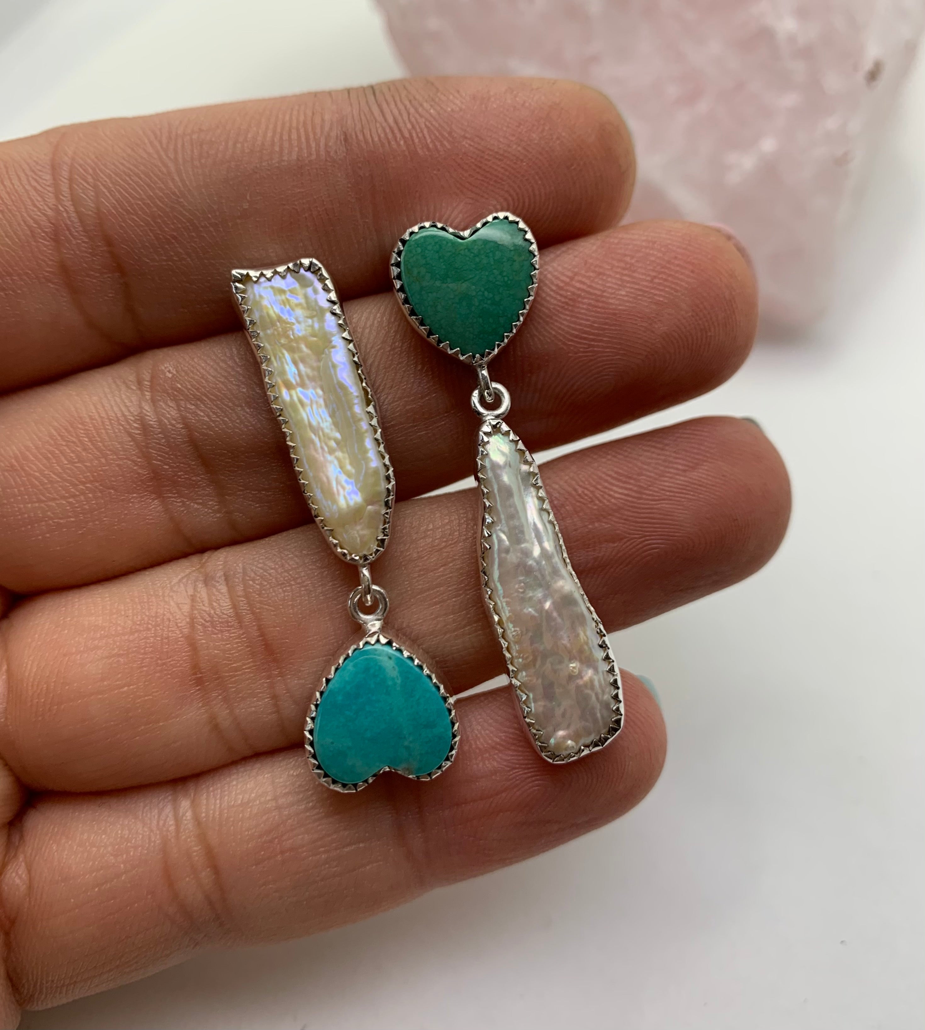 Mismatched Fresh water Pearls and Turquoise Heart Drop Earrings